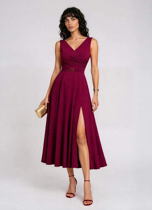 Rochie midi rosu inchis evazata din lyocell cu decolteu in V Asmira