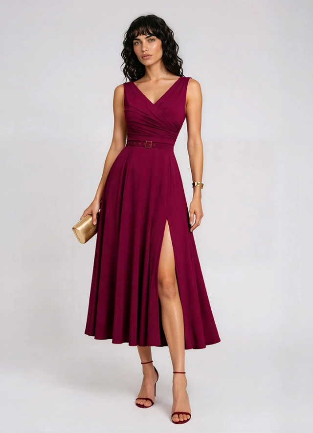 Rochie midi rosu inchis evazata din lyocell cu decolteu in V Asmira