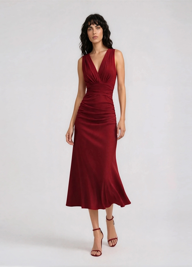 Rochie midi cocktail rosie cu drapaje pe bust si fusta Zaria