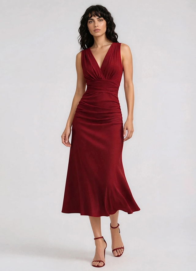 Rochie midi cocktail rosie cu drapaje pe bust si fusta Zaria