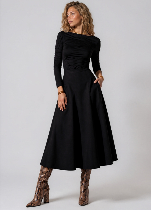 Set negru format din bluza cu drapaje si fusta in clini Calisi