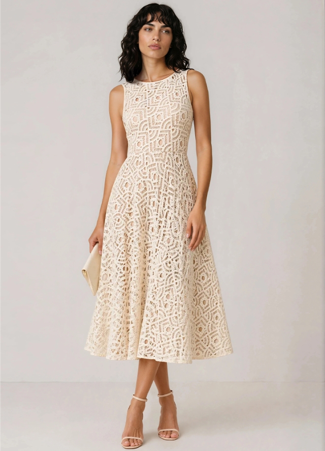 Rochie midi bej din bumbac macrame Chiara