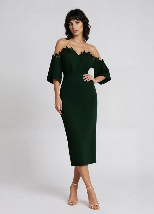 Rochie cocktail  bodycon midi neagra cu broderii Zylia