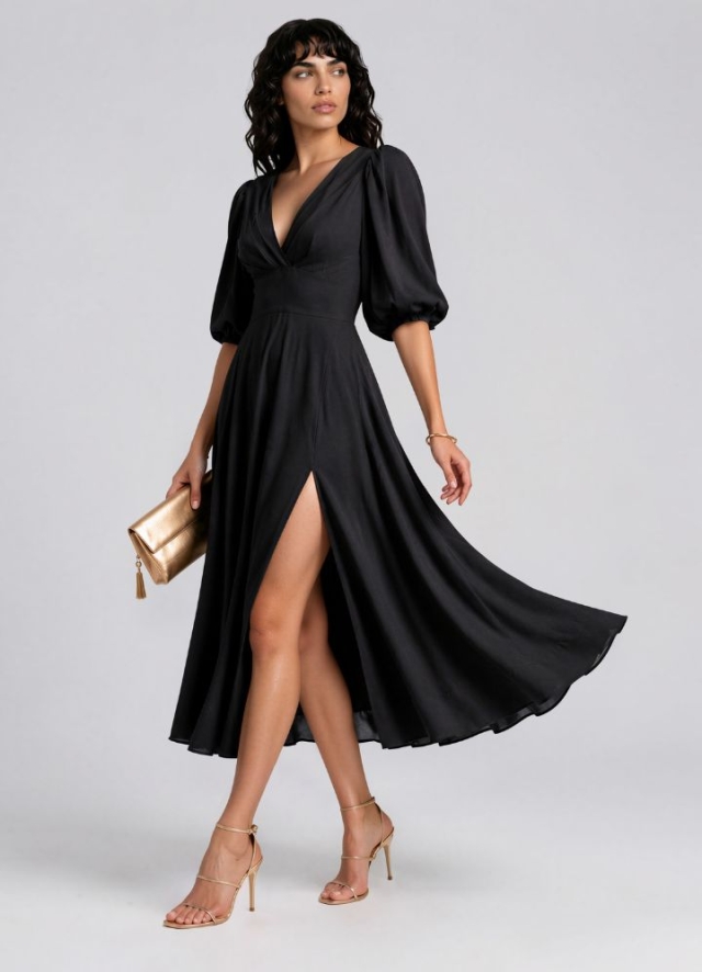 Rochie midi neagra din in cu drapaje si maneci bufante Swan