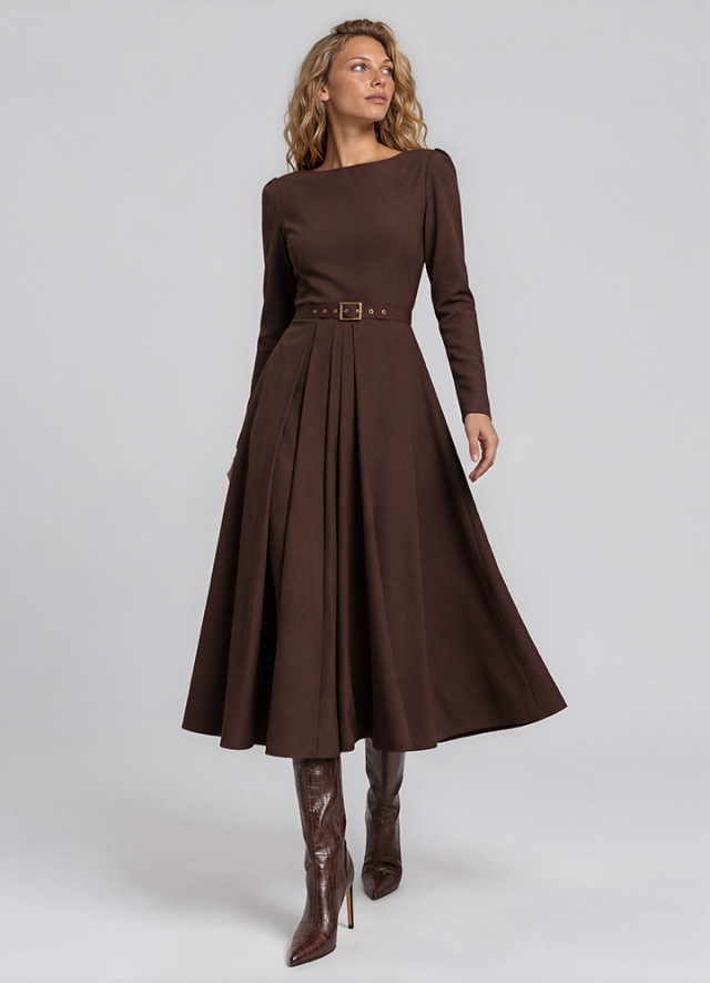Rochie cocktail midi cu fusta cu pliuri si curea asortata Haga