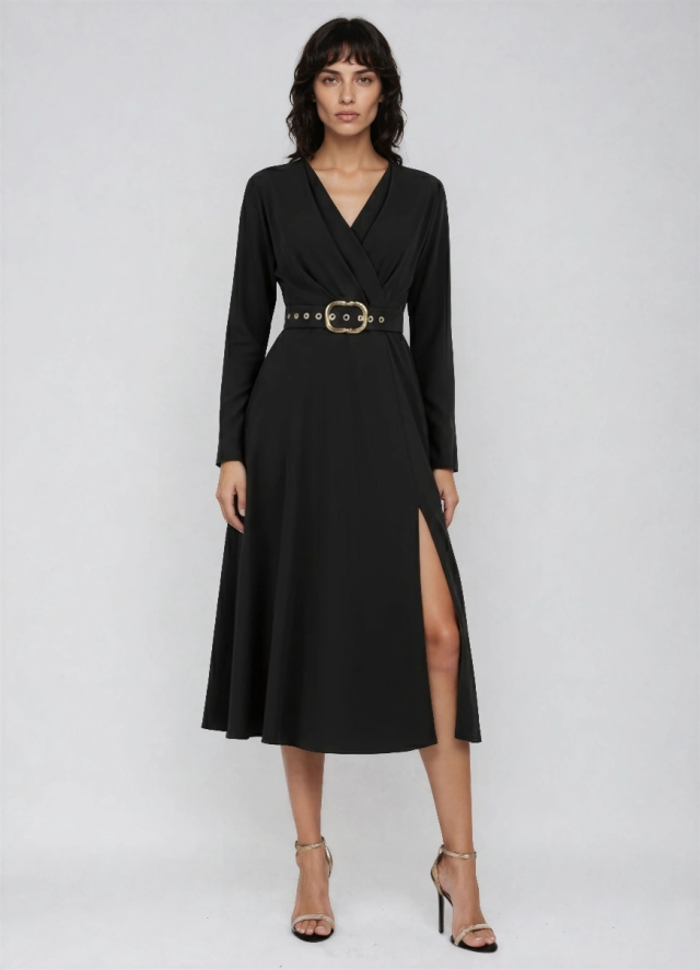 Rochie midi neagra cu decolteu in V si curea asortata Indigo