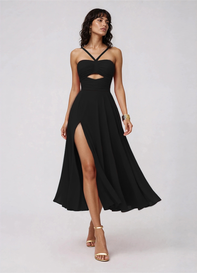 Rochie de seara neagra din matase cu drapaje si decupaje Kamari