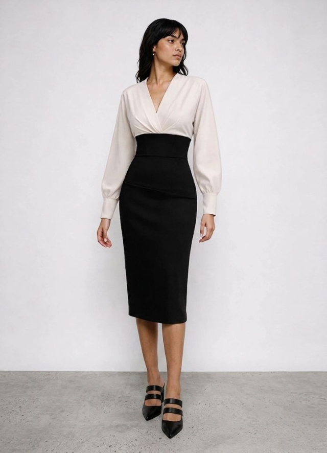 Rochie midi bej si negru cu drapaje pe bust si decolteu in V Lunaria