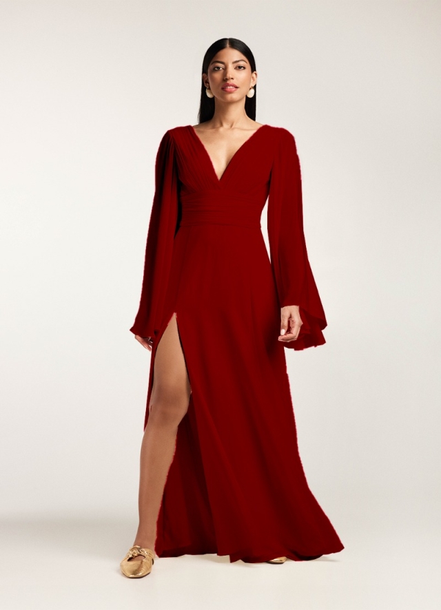 Rochie de seara lunga din matase naturala cu drapaje slit pe picior si maneci lungi Luz