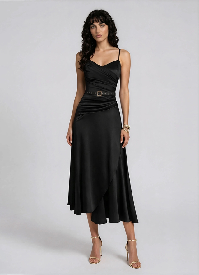 Rochie midi cocktail neagra din matase cu decolteu in V si drapaje Lyre