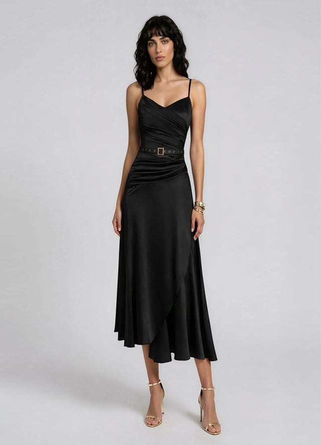 Rochie midi cocktail neagra din matase cu decolteu in V si drapaje Lyre