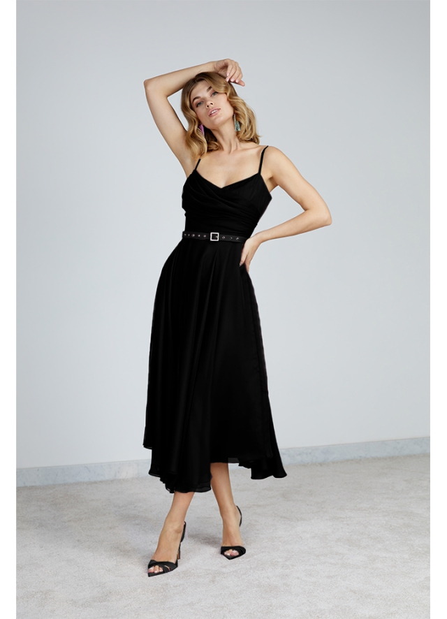 Rochie cocktail negru din voal de matase cu decolteu in V si drapaj Maia