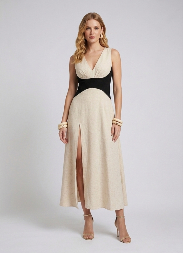 Rochie corset lunga  crem si negru din in si bumbac texturat cu decolteu in V si slit pe picior Marrakesh