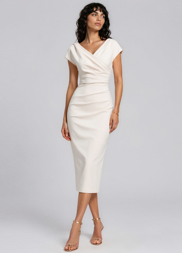 Rochie bodycon ivoire cu drapaje pe fusta si bust Zenaida