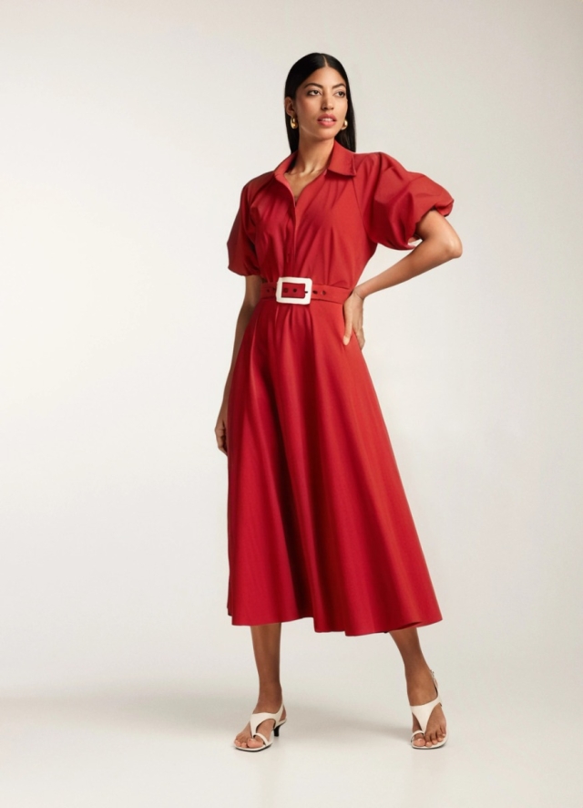 Rochie midi rosie din bumbac tip camasa cu maneci scurte bufante si curea textila Oman 