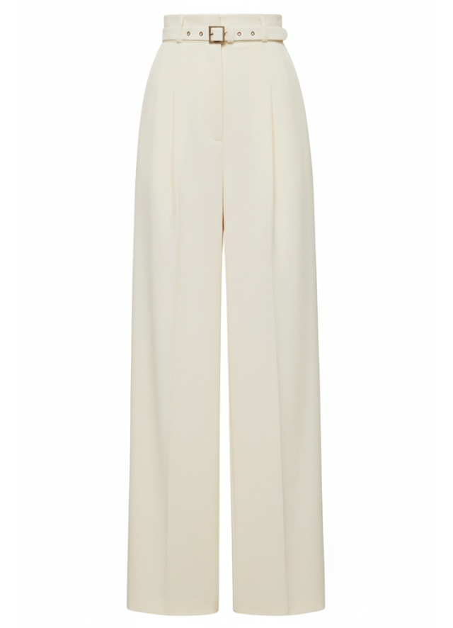 Pantaloni alb ivoire office cu talie inalta si curea Sable