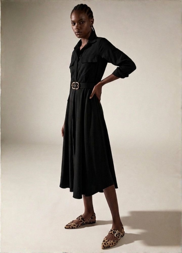 Rochie camasa midi neagra cu fusta ampla si curea asortata Patty