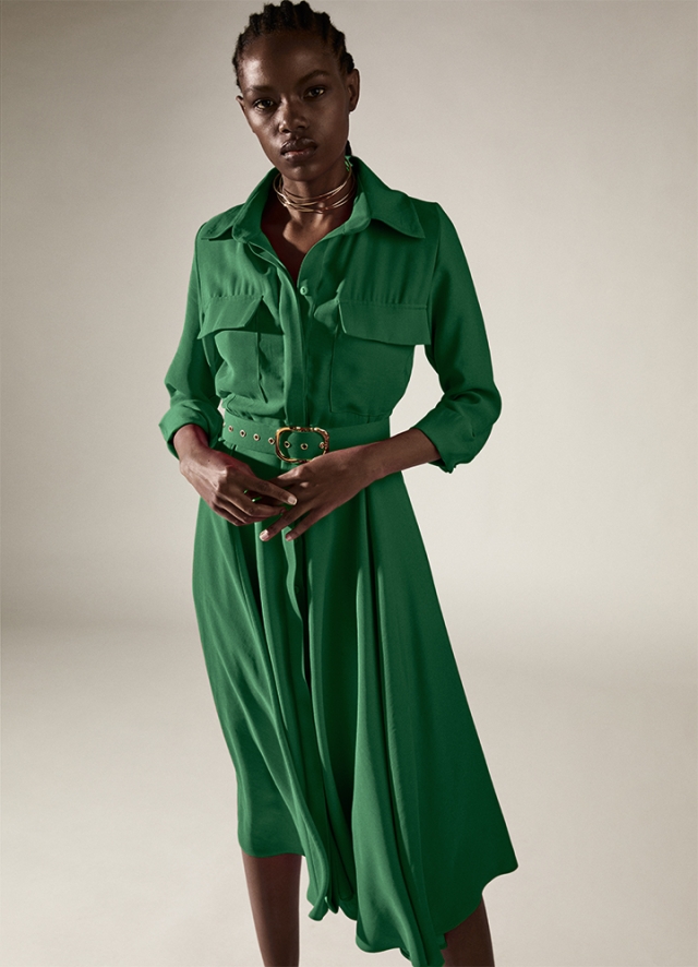 Rochie camasa midi verde cu fusta si curea asortata Patty