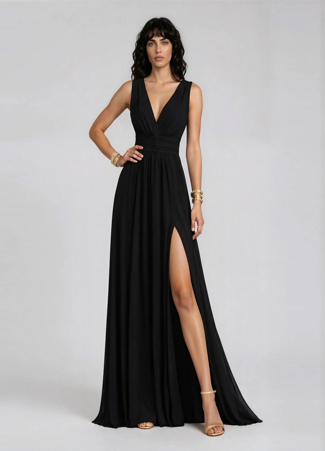 Rochie lunga de seara neagra din voal de matase cu drapaje si decolteu in V Poema 