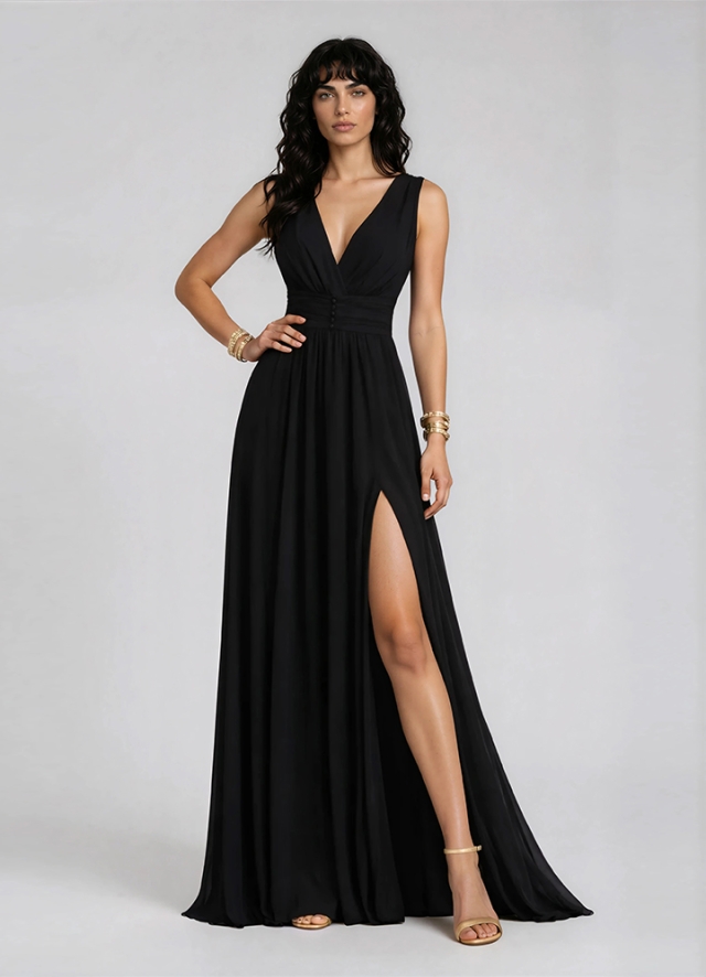 Rochie lunga de seara neagra din voal de matase cu drapaje si decolteu in V Poema 