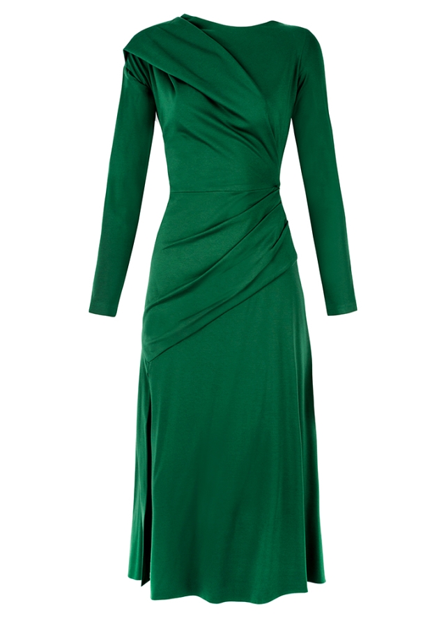 Rochie midi verde cu spate decoltat si fusta drapaje cu slit pe picior Riga