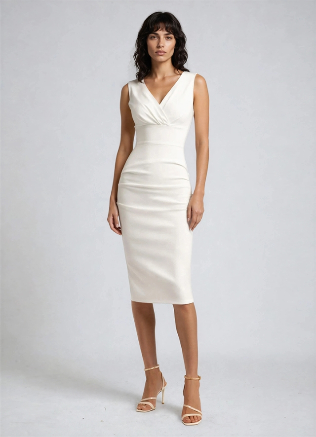 Rochie alba bodycon midi model office drapat cu decolteu in V Anara