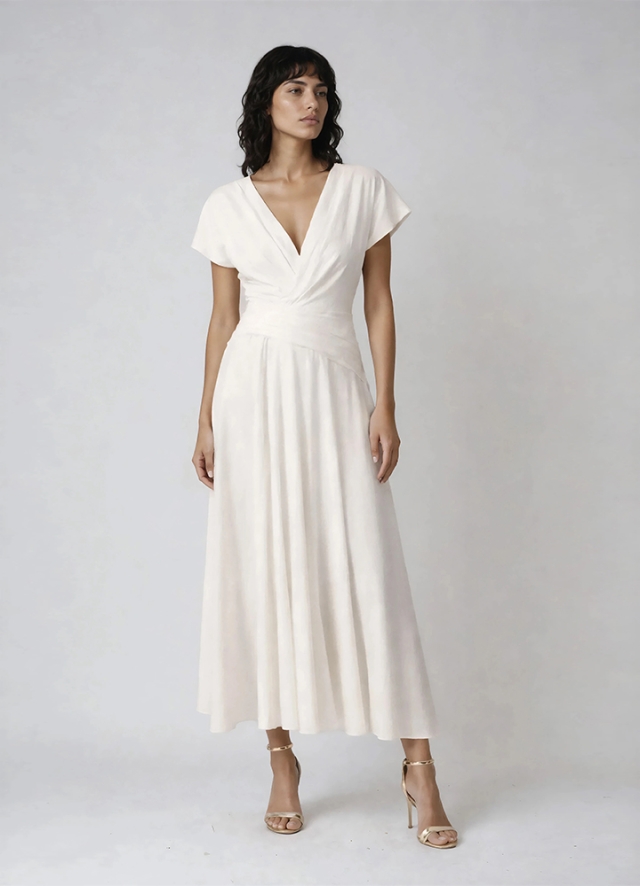 Rochie cocktail midi alba din in cu drapaje Kimani