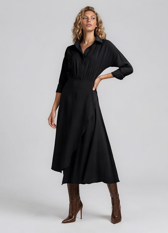 Rochie neagra midi tip camasa cu fusta asimetrica si maneci lungi Yemen