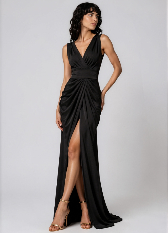 Rochie lunga de seara neagra din satin cu drapaje si crapatura Kaida