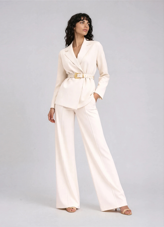 Set ivoire format din sacou si pantaloni drepti cu pense si buzunare Amina