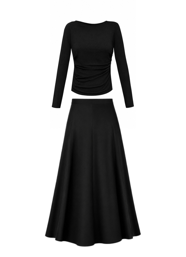 Set negru din doua tesaturi format din bluza cu drapaje si fusta in clini Calisi