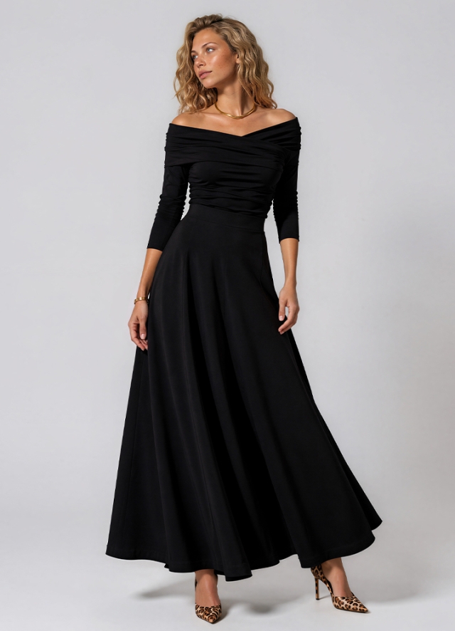 Set negru format din bluza cu drapaje si fusta in clini lunga Deyana