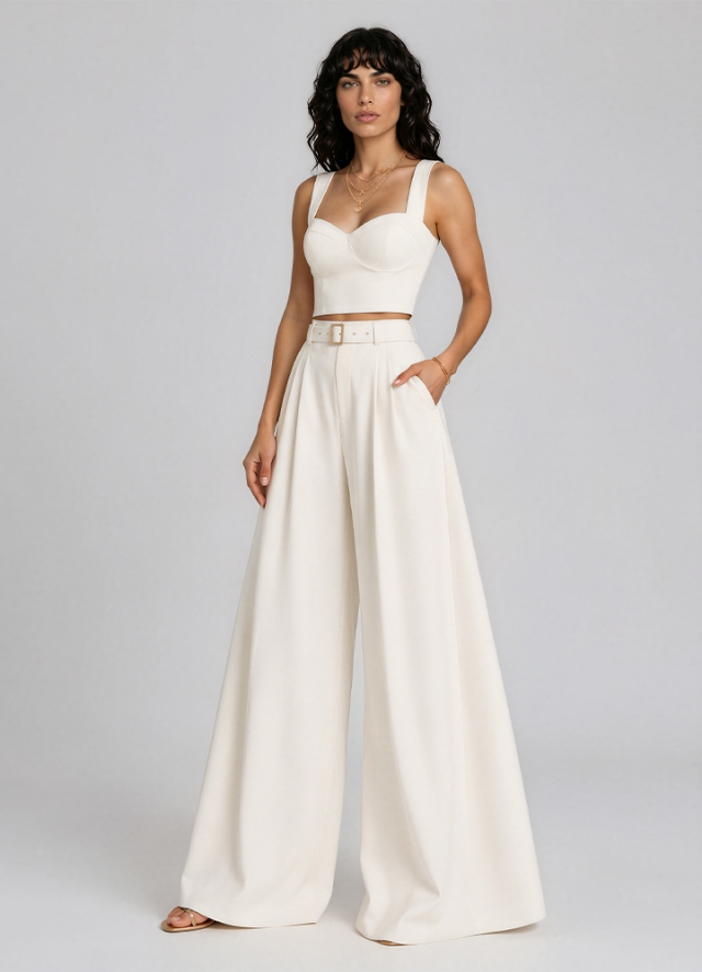 Set ivoire format din corset cu bretele si pantaloni palazzo Kassira