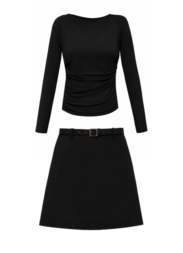 Set negru din doua tesaturi format din bluza cu drapaje si fusta mini Lelia