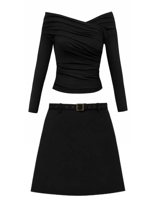 Set negru din doua tesaturi format din bluza cu drapaje si fusta mini Taisa 