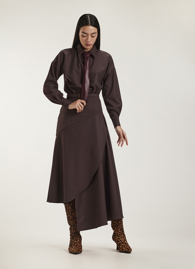 Rochie midi tip camasa maro cu maneci lungi si fusta asimetrica Heron