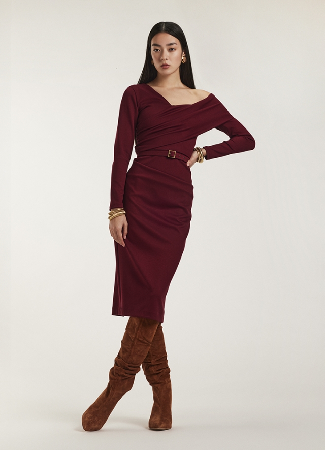 Rochie conica rosie burgundy din viscoza , decolteu asimetric si maneci lungi Claret