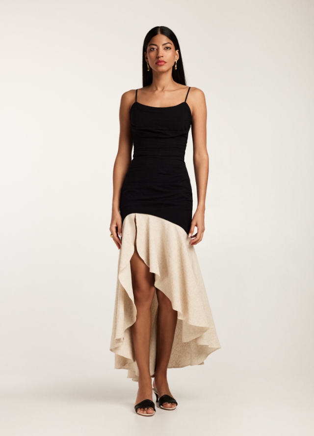 Rochie negru cu crem din bumbac si in texturat cu fusta midi cu volane Etna