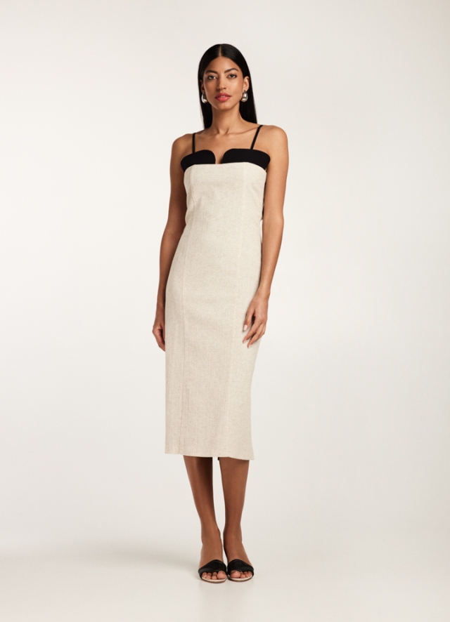 Rochie lunga crem si negru din in cu bumbac texturat tip creion cu bretele ajustabile Amalfi