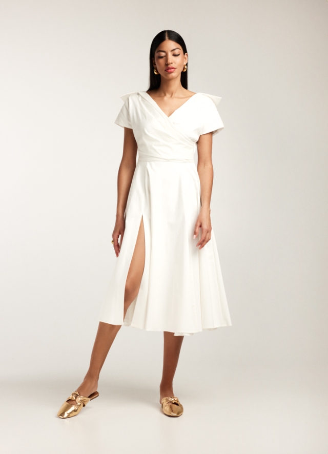 Rochie midi alba din bumbac cu decolteu in V si slit pe picior Angola 
