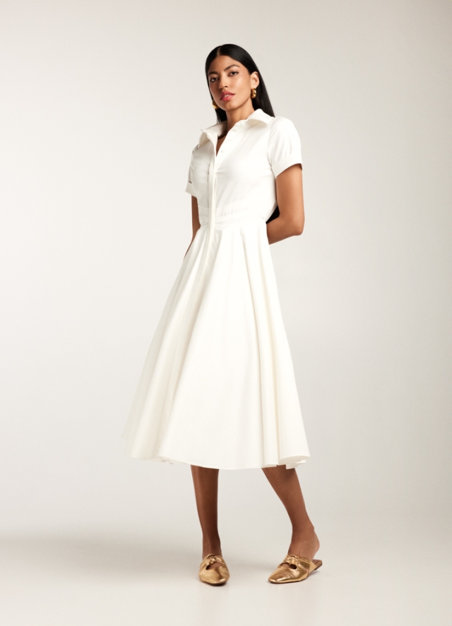 Rochie midi alba din bumbac tip camasa cu decolteu in V Pretoria 