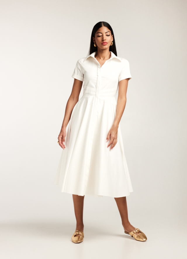Rochie midi alba din bumbac tip camasa cu decolteu in V Pretoria 