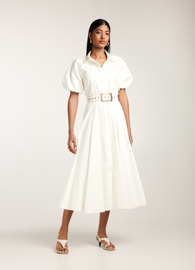 Rochie midi alba din bumbac tip camasa cu  maneci scurte bufante si curea textila Oman 