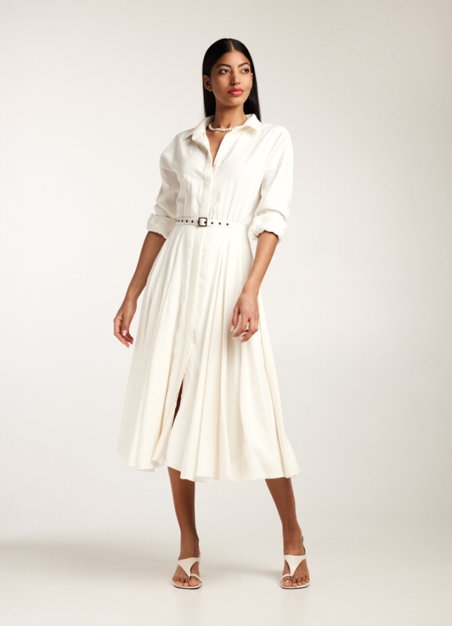 Rochie midi alba din vascoza tip camasa cu  maneci lungi si curea asortata Vera