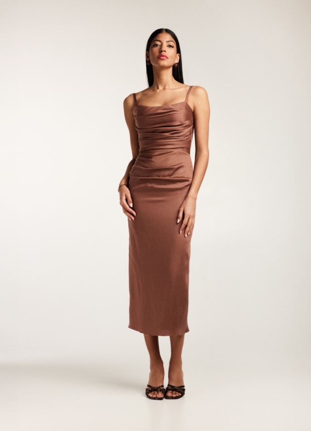 Rochie maro midi din in si vascoza cu drapaje si corset ajustabil Aura