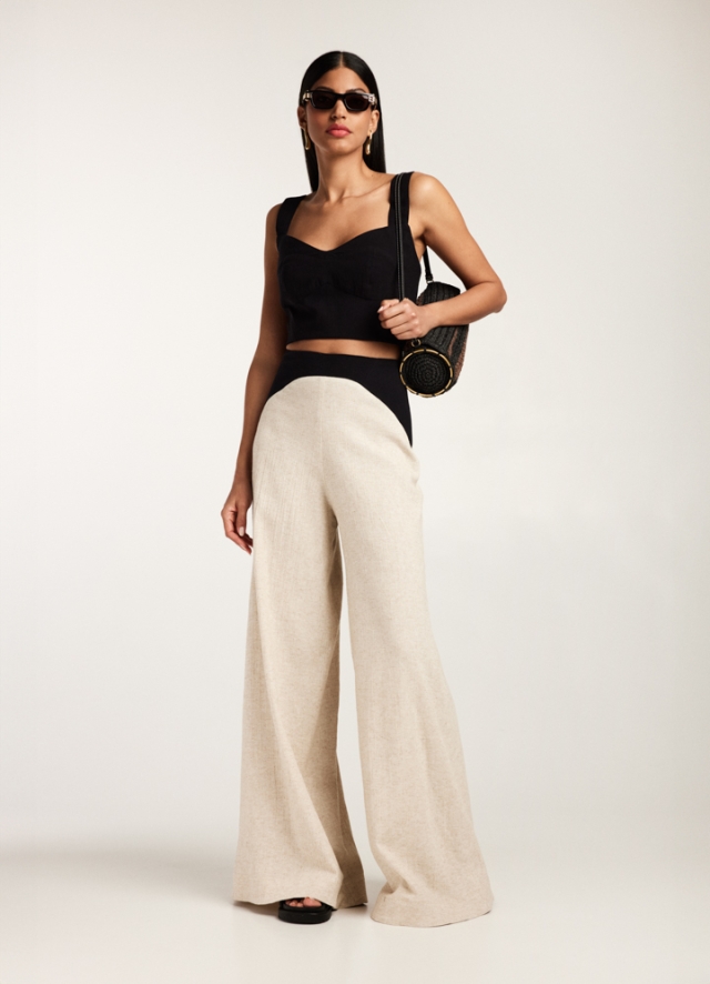 Set crem si negru din in cu bumbac texturat format din doua piese: top corset cu bretele si pantaloni lungi cu talie inalta evazati Doha