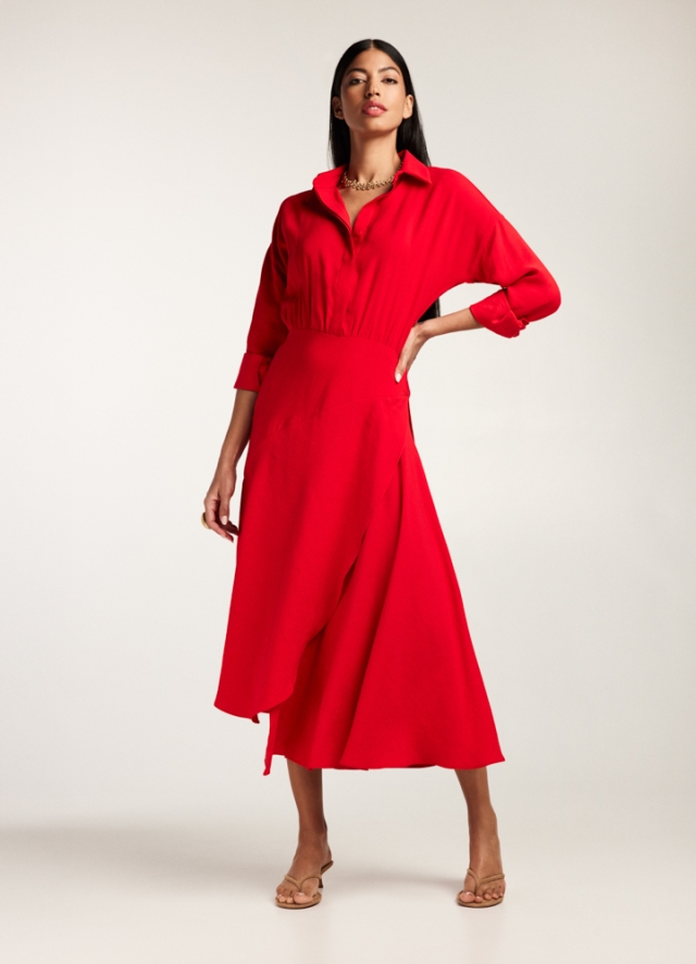 Rochie rosie midi tip camasa cu fusta asimetrica si maneci lungi Yemen
