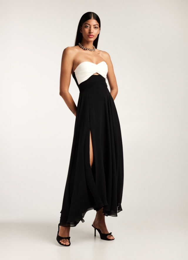 Rochie neagra midi din voal de matase naturala cu corset si fusta cu slit pe picior Otranto