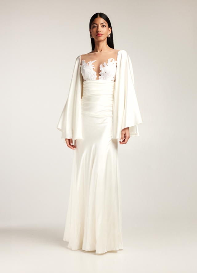 Rochie de mireasa lunga din matase satinata cu broderii pe bust si corseleta Celeste