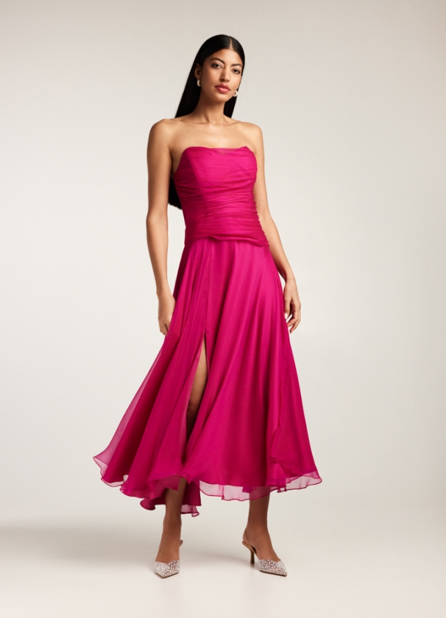 Rochie cocktail midi roz magenta din voal de matase cu drapaje si corset Pixie